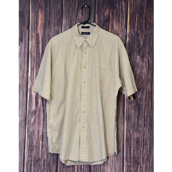 Nautica Other - Nautica Mens Short Sleeve Button Down Shirt L Yellow Gingham 100% Cotton